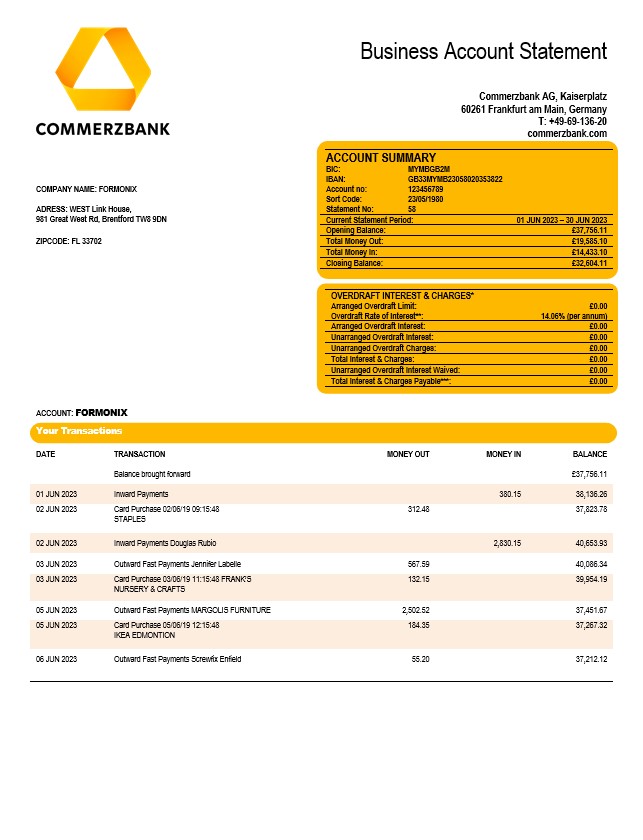 Modèle Word et PDF de relevé de compte courant de la société Commerzbank